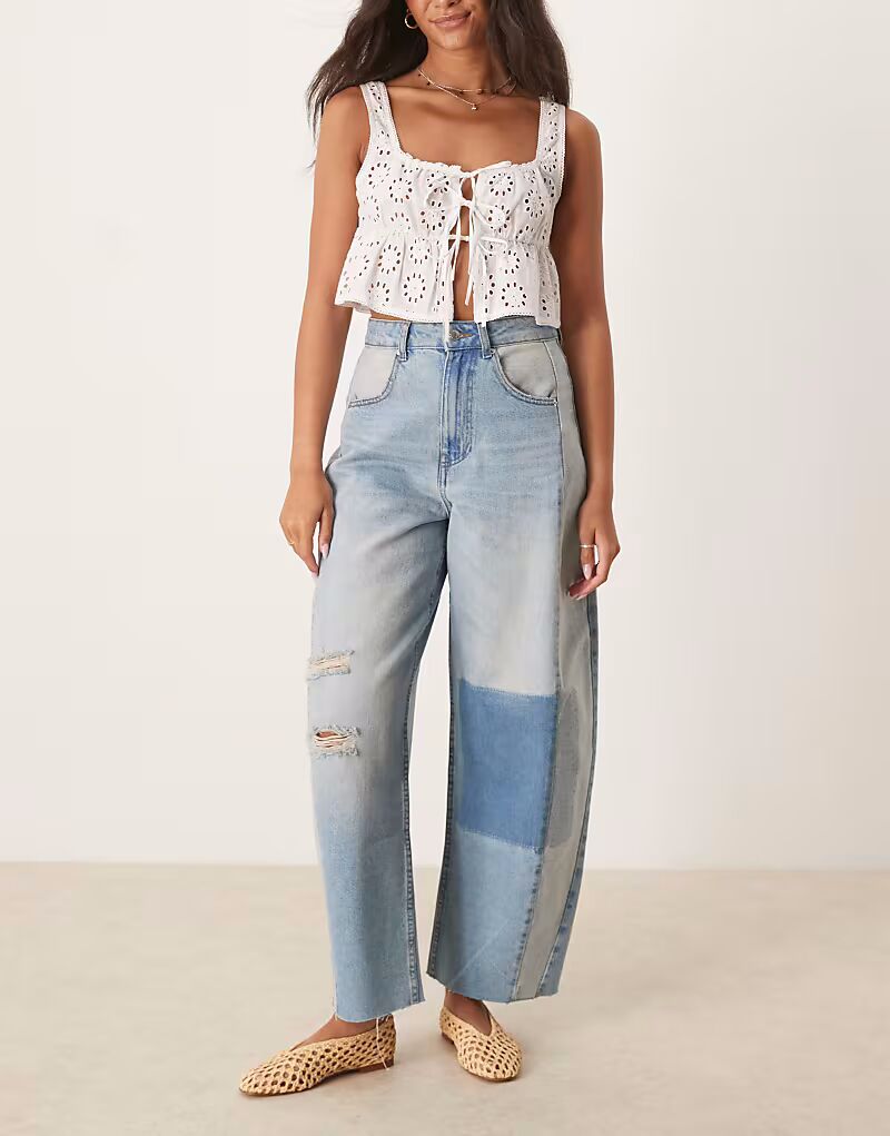 

Джинсы-бочонки с высокой талией ASOS DESIGN в стиле пэчворк синего цвета
