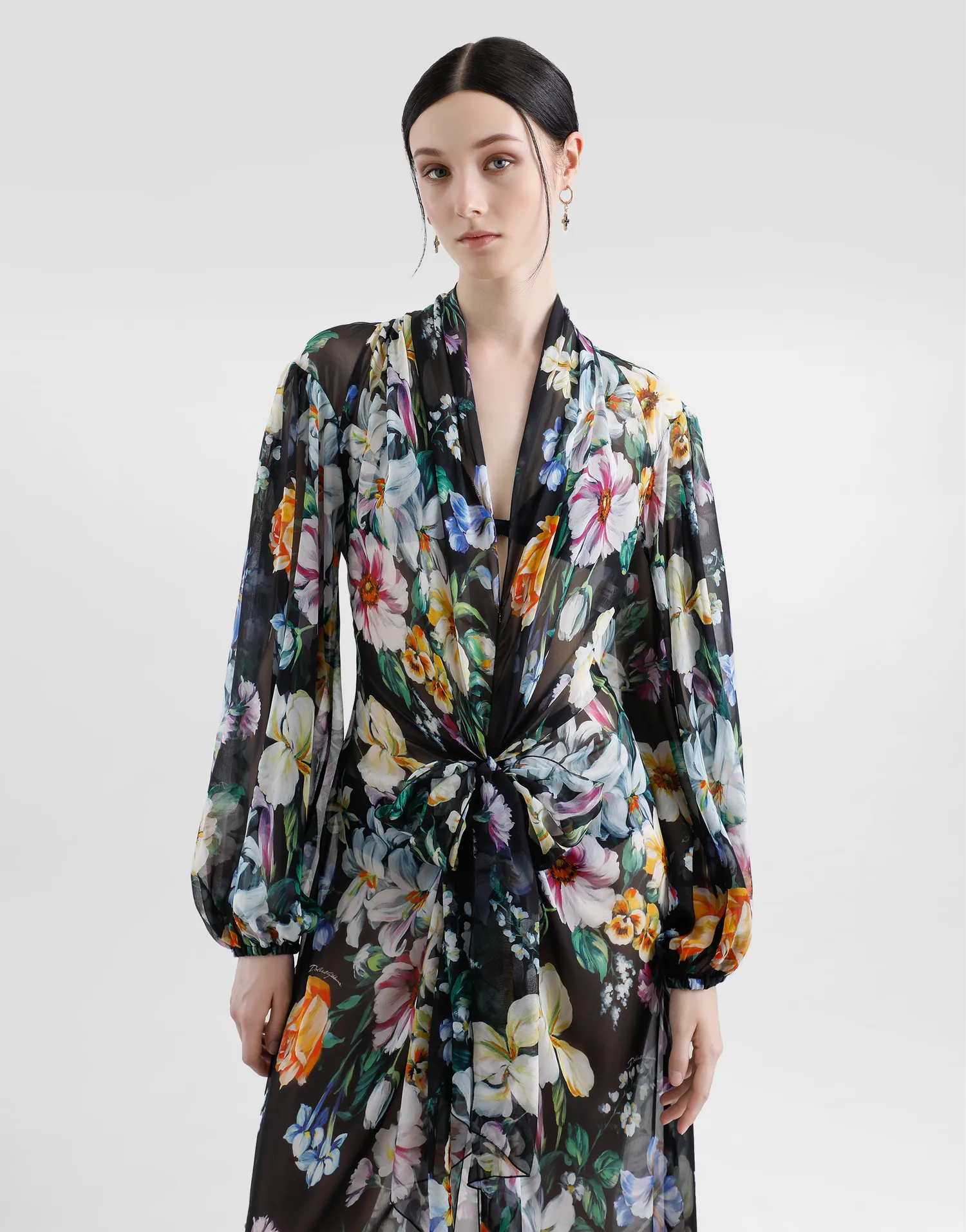 Длинное шифоновое платье с цветочным принтом DOLCE & GABBANA, белый — фото 4