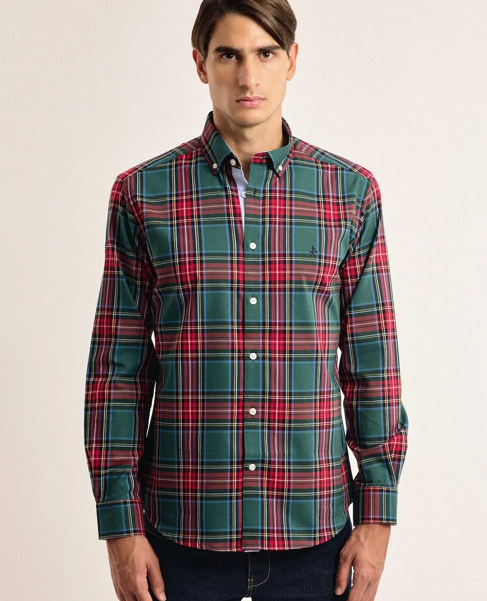 

Мужская хлопковая рубашка классического кроя с геометрическим тартановым принтом зеленого цвета Valecuatro