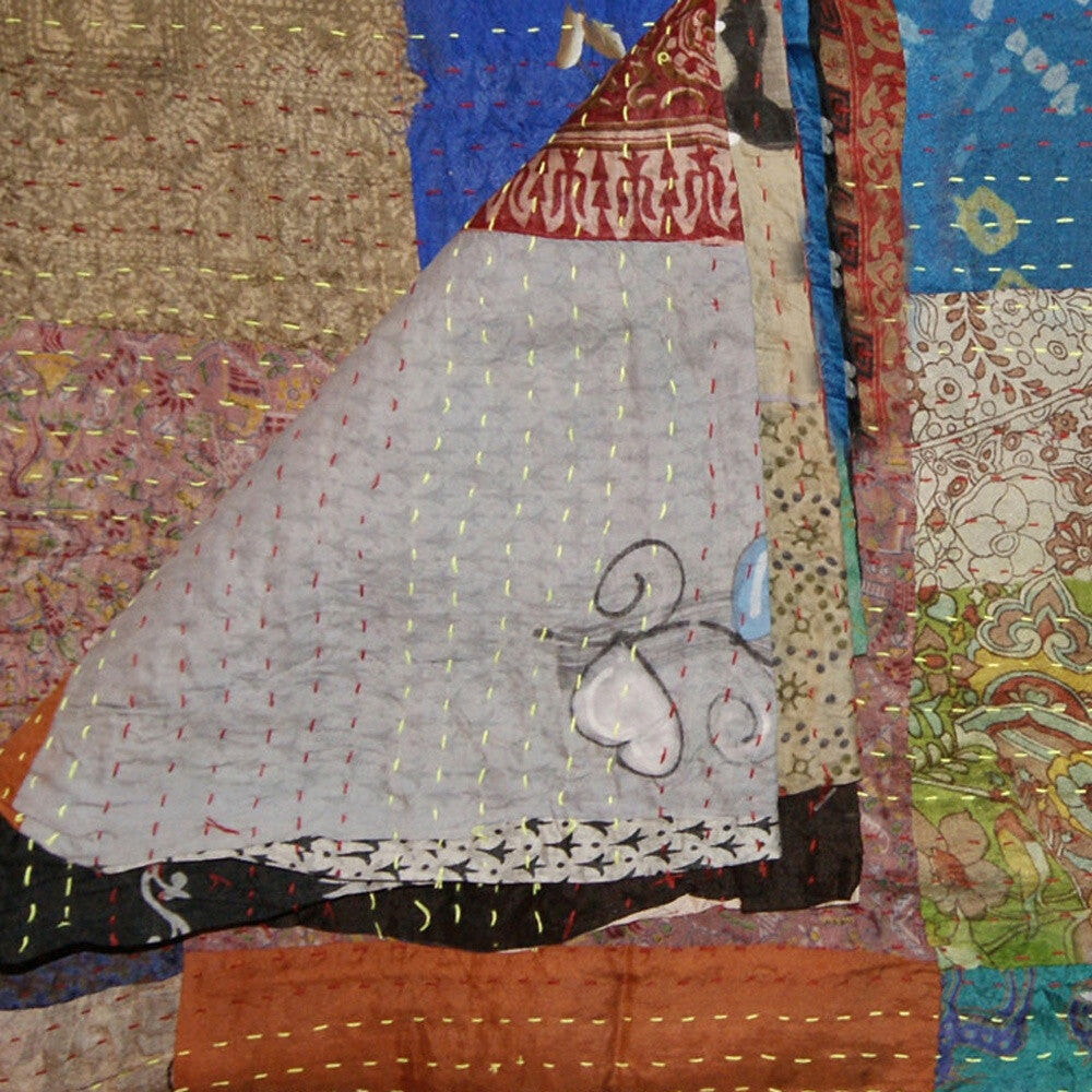 

90 x 60 дюймов сине-коричневое и зеленое хлопковое лоскутное одеяло Kantha с вышивкой Homezia, цвет Multicolored