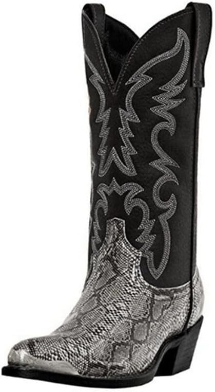 

Мужские зимние ботинки ZZQTBCDKY с высоким голенищем, вышивкой и строчкой, западные ковбойские ботинки с массивным каблуком, ботинки до середины икры для работы, серебро