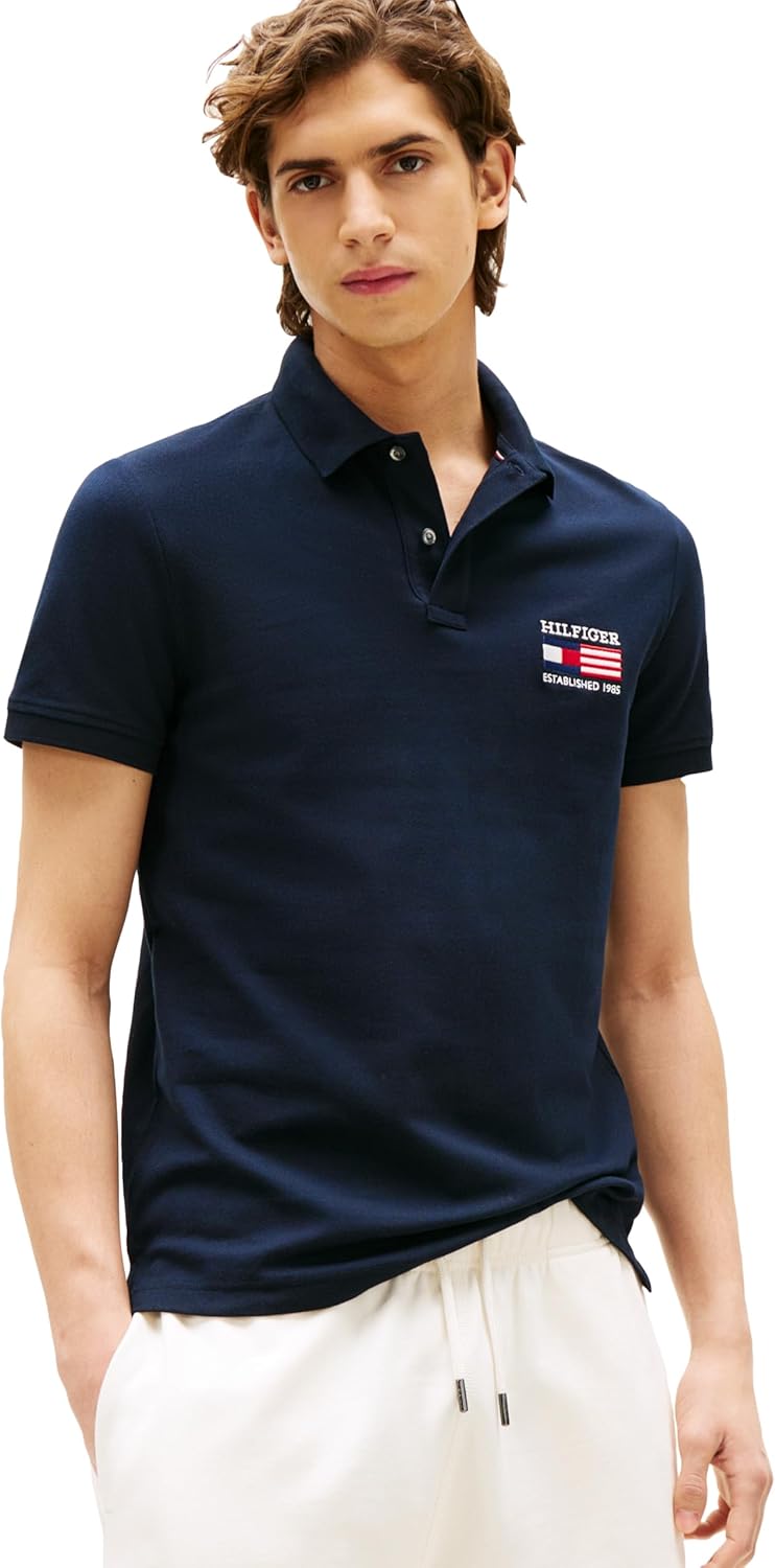 

Мужские рубашки поло с короткими рукавами Tommy Hilfiger классического кроя из эластичного органического хлопка пике, Desert Sky / Flag Embroidered, Коричневый, Мужские рубашки поло с короткими рукавами Tommy Hilfiger классического кроя из эластичного орг