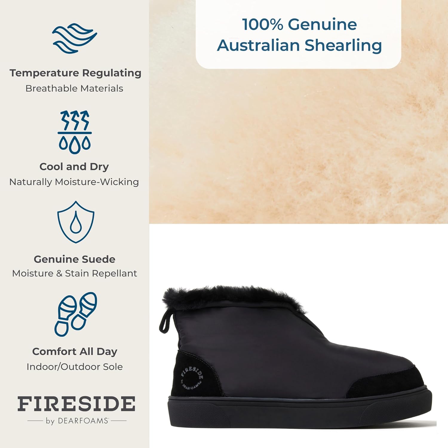 Зимние ботинки Dearfoams для мужчин Fireside из нейлона с австралийской шерстяной подкладкой, водоотталкивающие, для отдыха после зимы, черный — фото 3