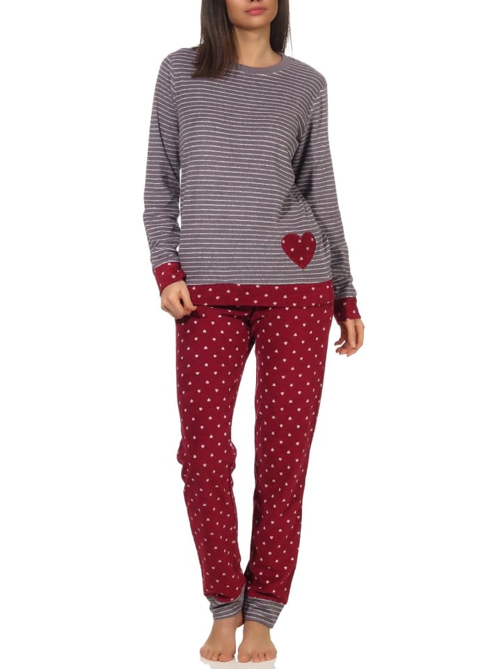 

NORMANN Пижама из махровой ткани, с длинными рукавами и манжетами, в горошек, в красную полоску