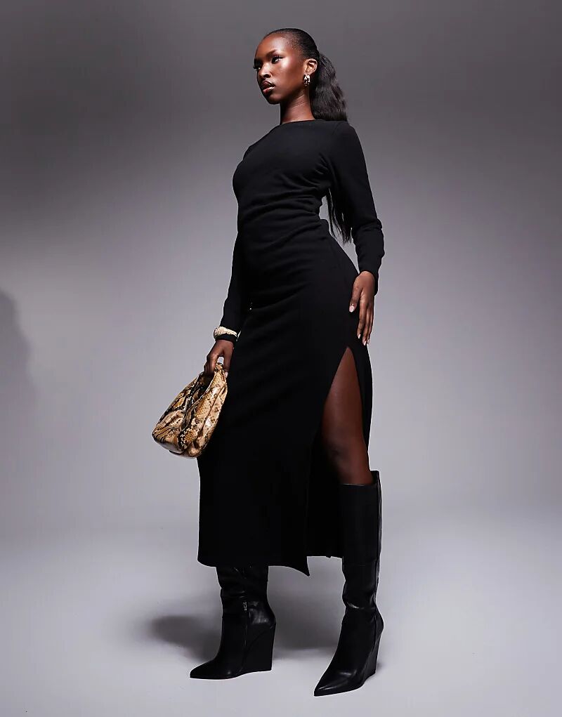 

Супермягкое черное платье макси с длинными рукавами и сборками по бокам ASOS DESIGN