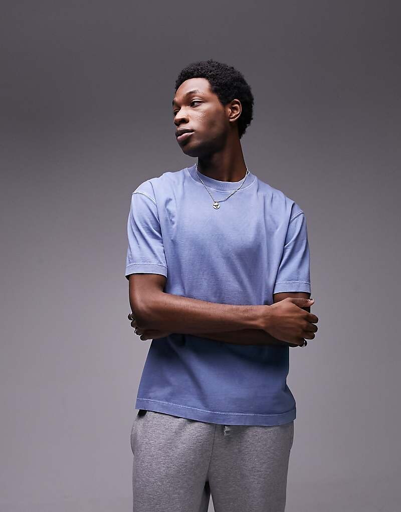 

Topman – синяя стираная футболка свободного кроя