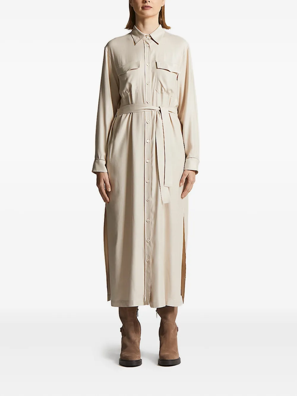 

Платье-рубашка миди с поясом и карманами Peserico, нейтральный