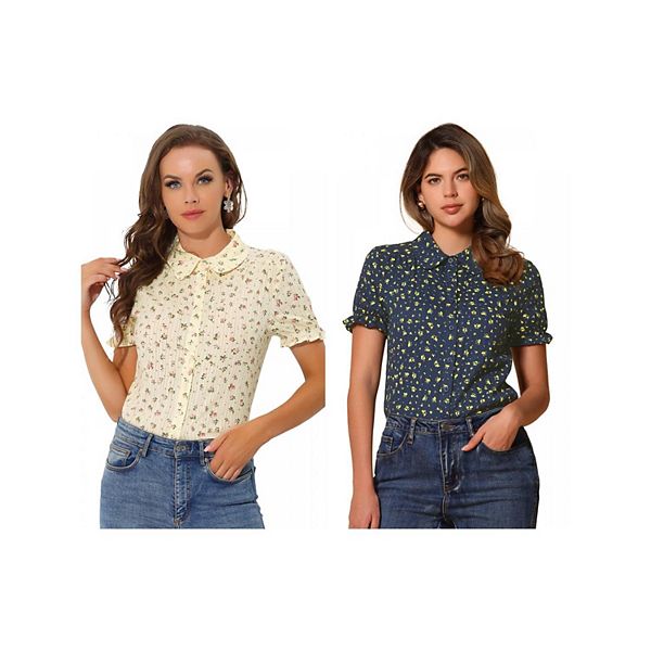 

2 упаковки женской блузки с воротником питер пэн и коротким рукавом Inspire Chic, Dark Blue Beige Floral