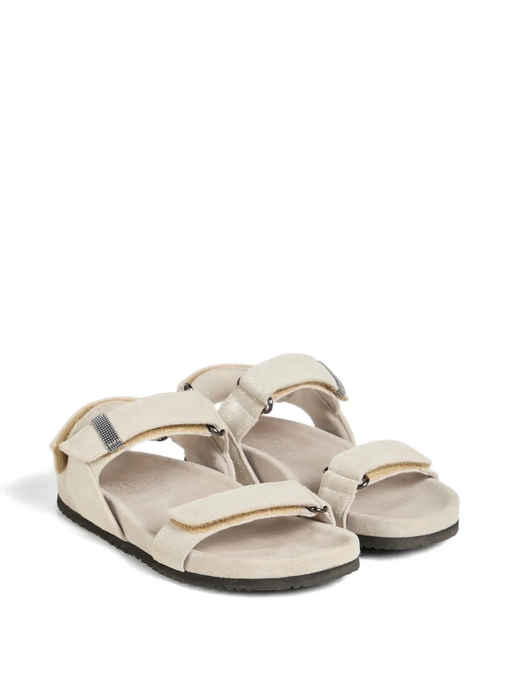 Босоножки из кожи ламе с декором Monili Brunello Cucinelli Kids, бежевый