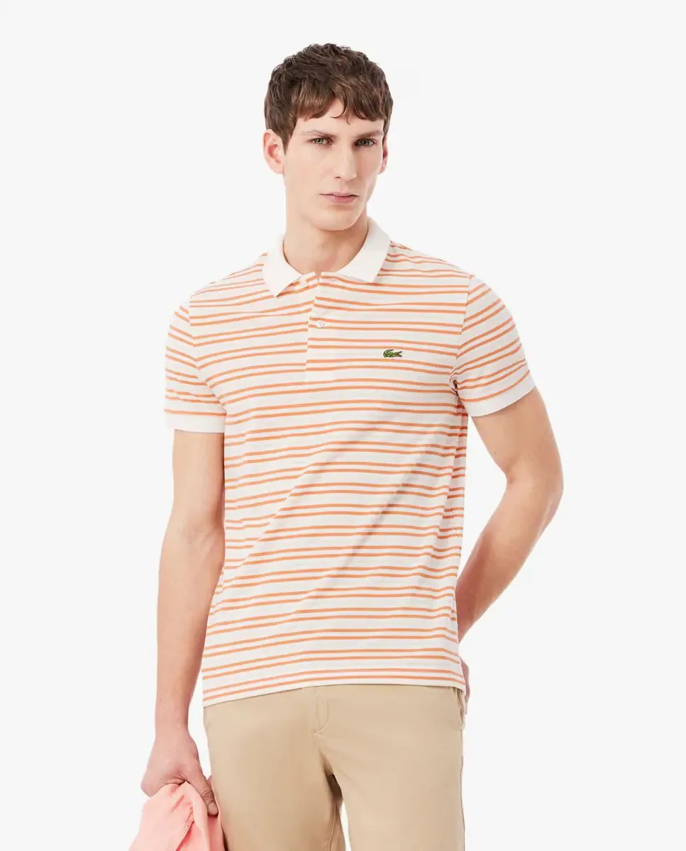 Lacoste Мужское поло классического кроя из полосатого оранжевого ткани петит пике с коротким рукавом