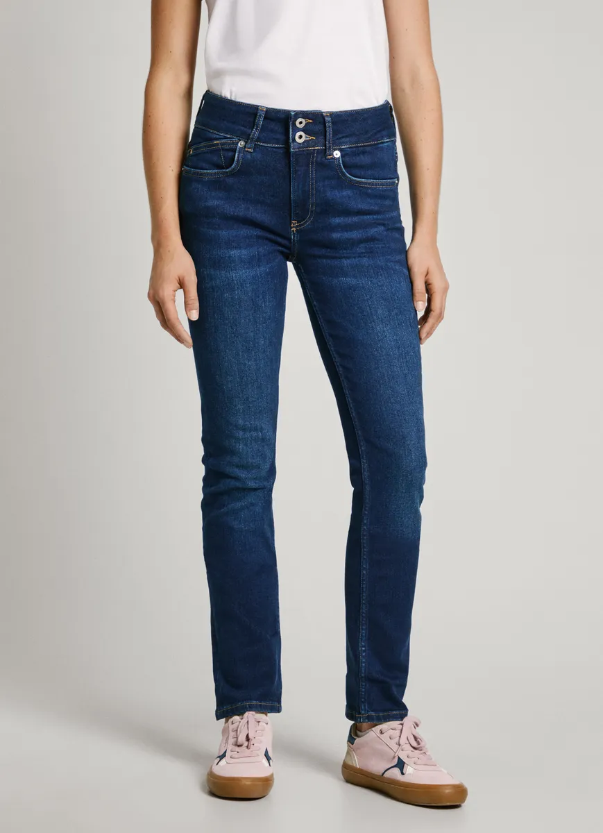 

Джинсы узкого кроя Pepe Jeans "SLIM JEANS MW" с очень широким поясом и застежкой на две пуговицы, цвет Dark Indigo