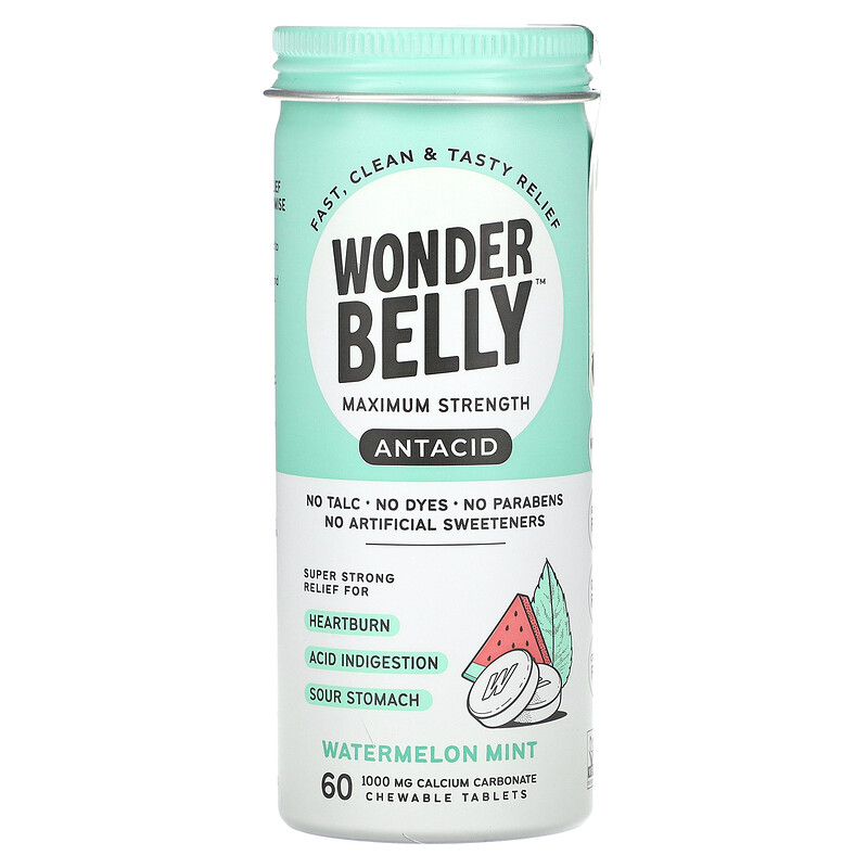 

Wonderbelly, Antacid, арбуз и мята, 1000 мг, 60 жевательных таблеток