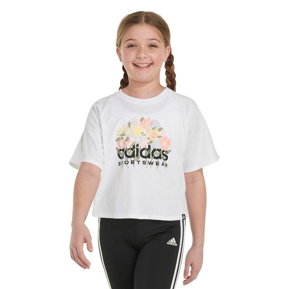 

Укороченная футболка adidas с рисунком реглан для девочек 7–16 лет Adidas, белый