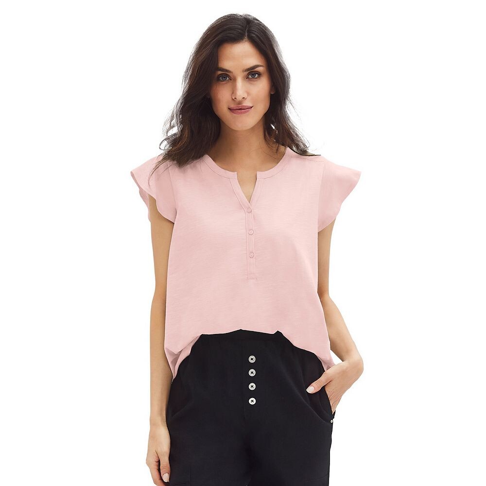 

Женская футболка больших размеров Ellos на пуговицах с короткими рукавами, цвет Sandy Pink