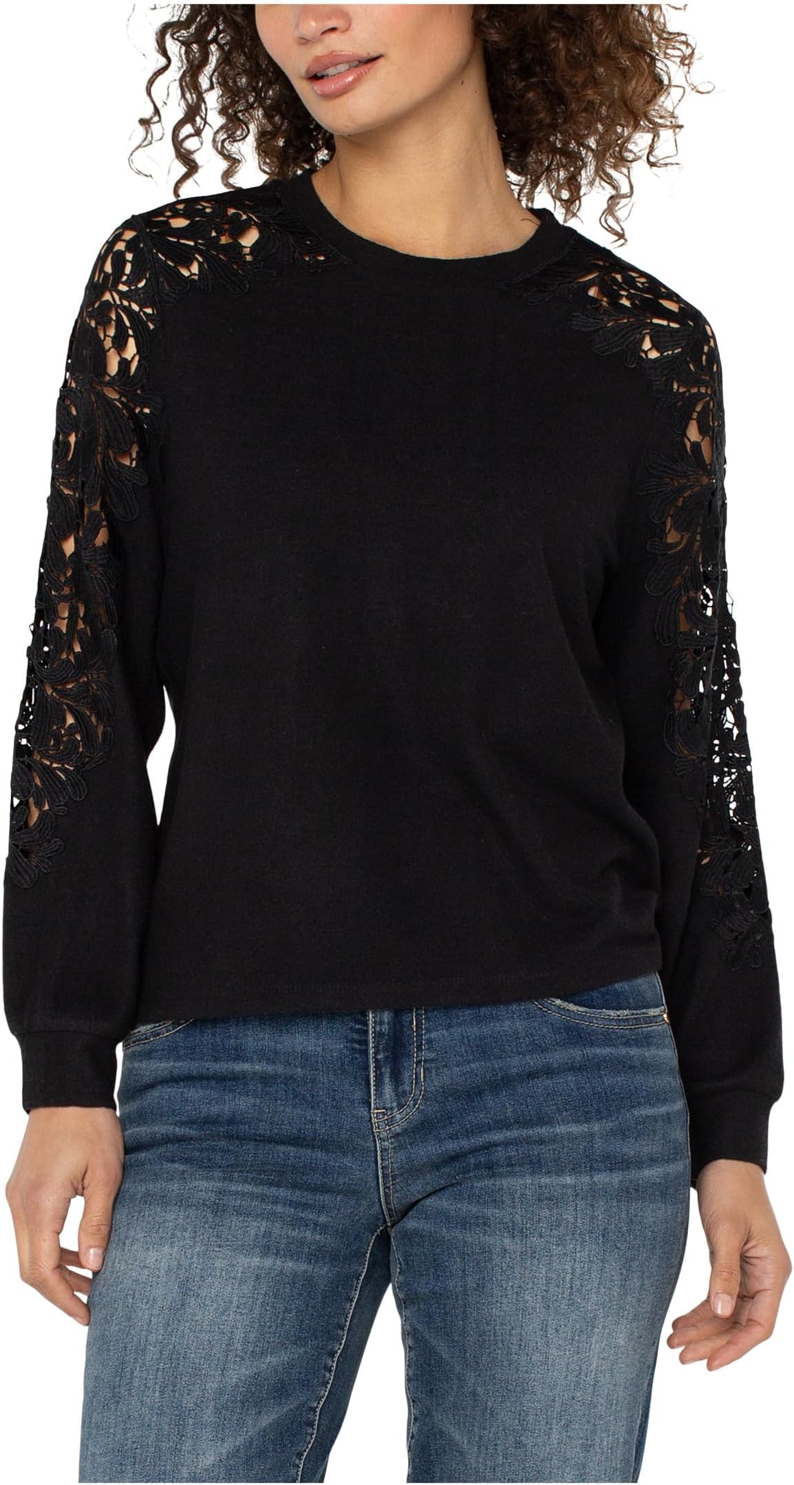 

Женский трикотажный топ с длинными рукавами, круглым вырезом и кружевной вставкой Liverpool Los Angeles, Black