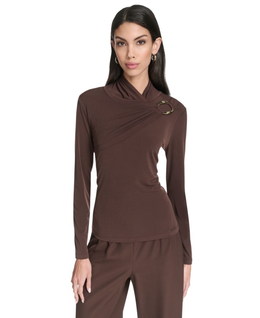 

Женская матовая блузка с длинными рукавами и фурнитурой Halston, Espresso