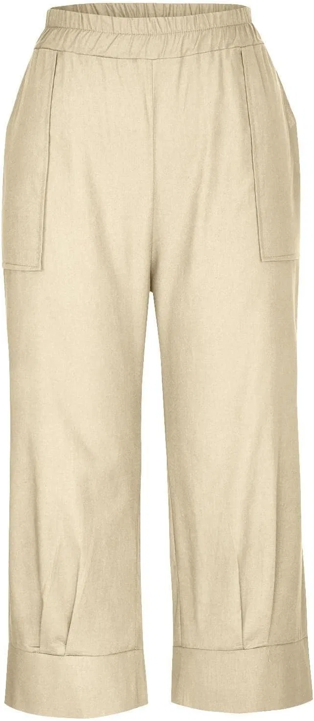 Брюки капри, лен, Plus Size, Khaki