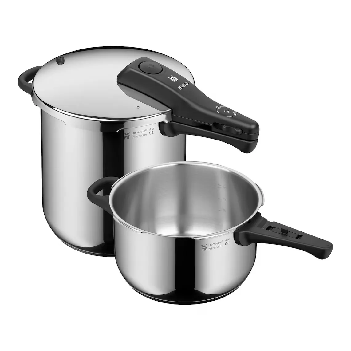 

Набор скороварок WMF Perfect, нержавеющая сталь, 8.5 л + 4.5 л, 22 см + 22 см, стальной (2 предмета)