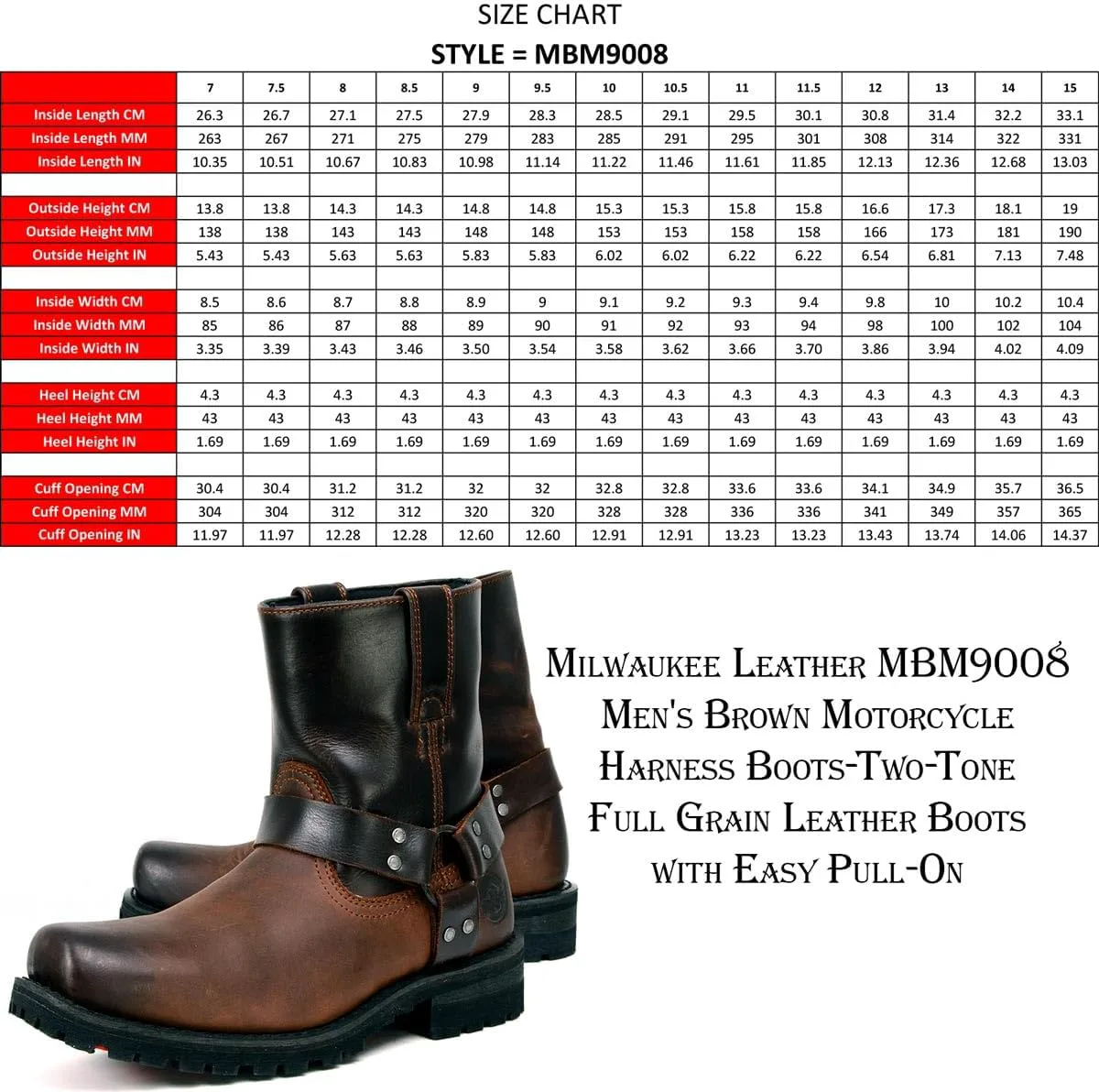 Мужские мотоботы Milwaukee Leather с ремнями - Классический байкерский стиль - Высококачественная кожа - Квадратный носок, коричневый — фото 4