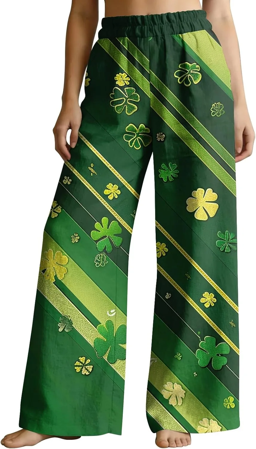 

DuDubaby St Patricks Day Outfit: женские комфортные широкие брюки с цветочным принтом и шнурком