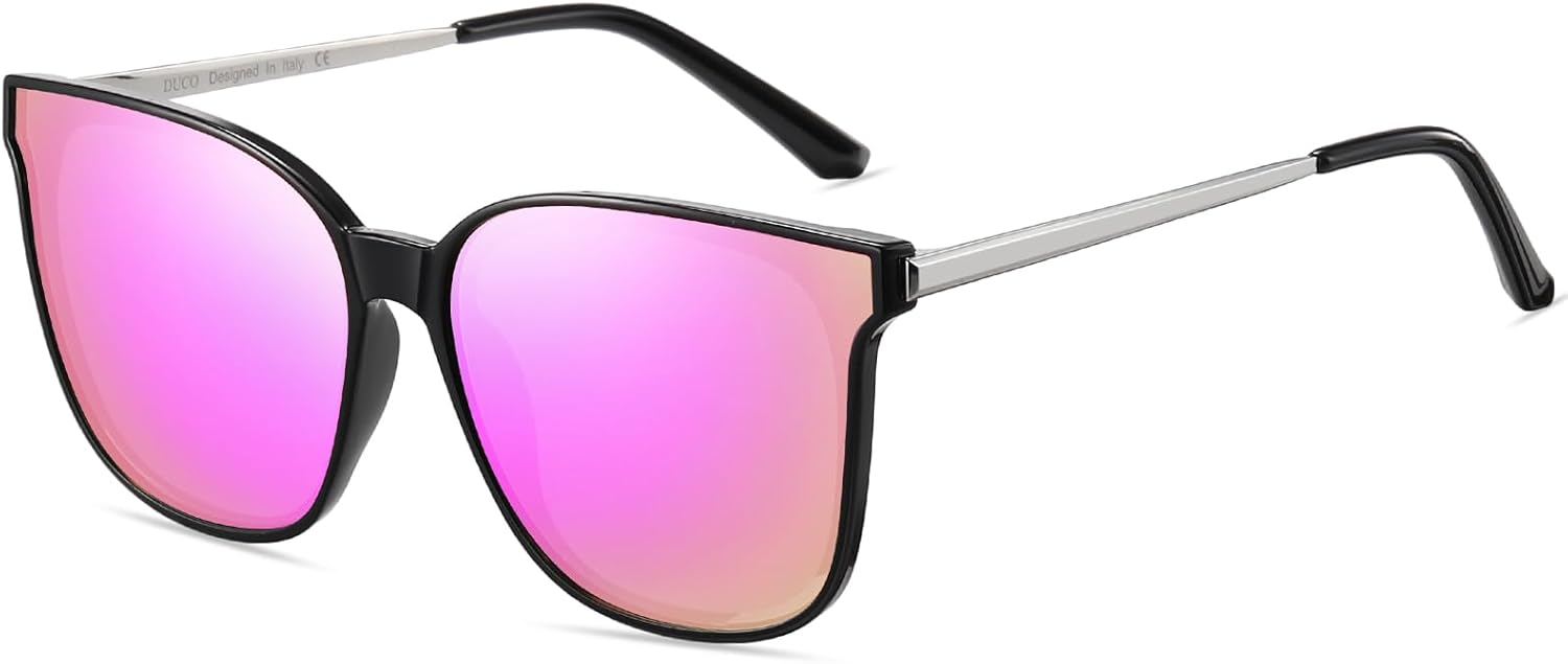 

Женские солнцезащитные очки DUCO Oversized Polarized Sunglasses Trendy Mirrored Shades Retro Round Vintage Light Weight UV400 Sun Glasses W016, 02- Black Frame Revo Pink Lens