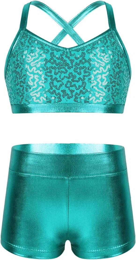 Детский спортивный костюм из пайеток Venjoe, топ и шорты, Lakeblue