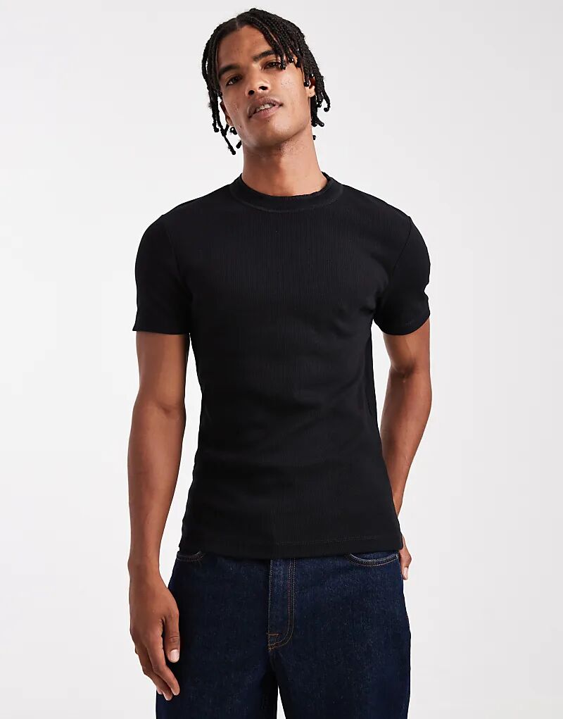 

Футболка ASOS DESIGN muscle fit с высоким воротом и отделкой в рубчик, черная