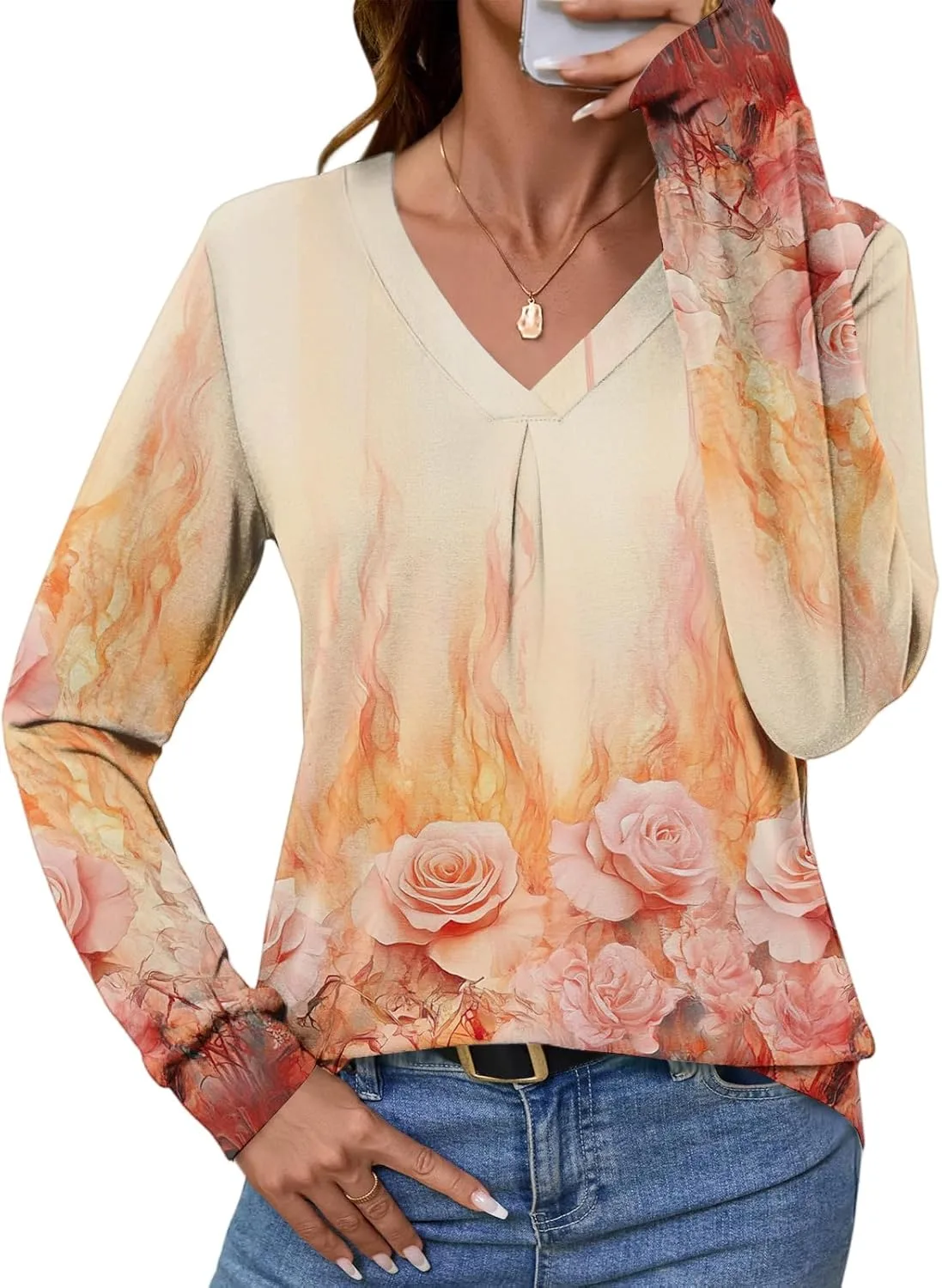 

Длинная блузка с V-образным вырезом и цветочным принтом, Plus Size FlekmanArt