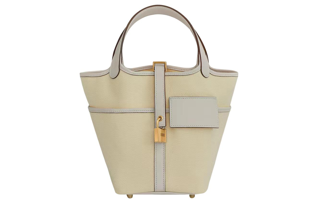 

Пикотин Лок из холста и кожи теленка свифт, сумка-корзина, ведерко, женская сумка светло-бежевого/кремово-белого цвета HERMES