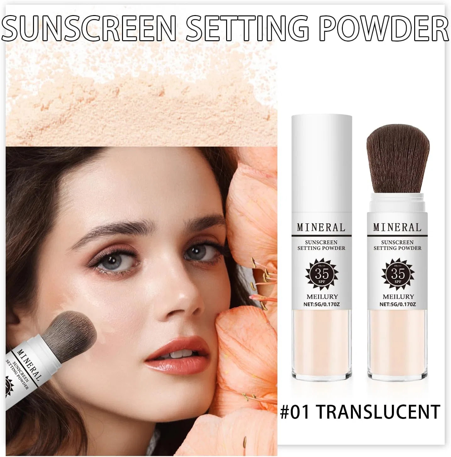 Пудра минеральная SPF 35 Meilury для лица и кожи головы, матирующая, прозрачная, 4.8 г — фото 2
