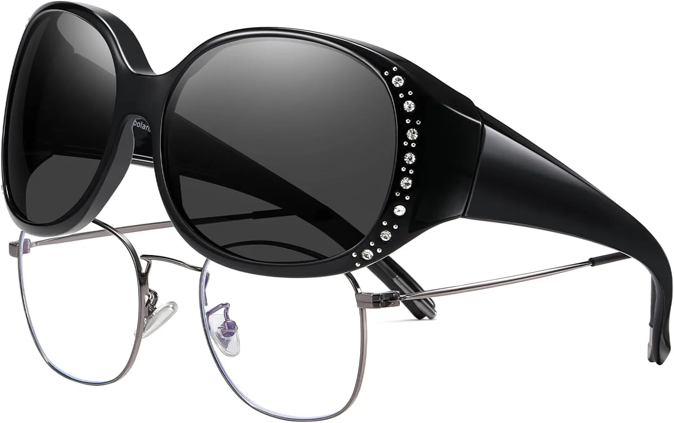 

Женские поляризованные солнцезащитные очки HAOLOTA с блестками, солнцезащитные очки для коррекции зрения, защита от УФ-излучения UV400, L Size Black Frame Grey Lens