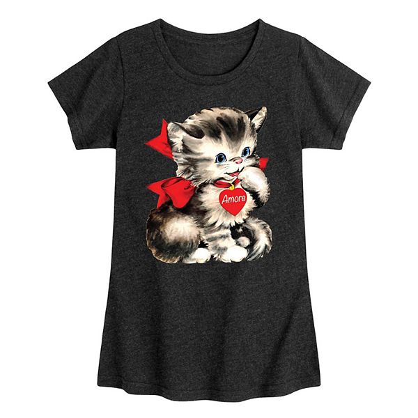 Футболка с принтом Valentine's kitten для девочек 7-16 лет Licensed Character, Heather Black