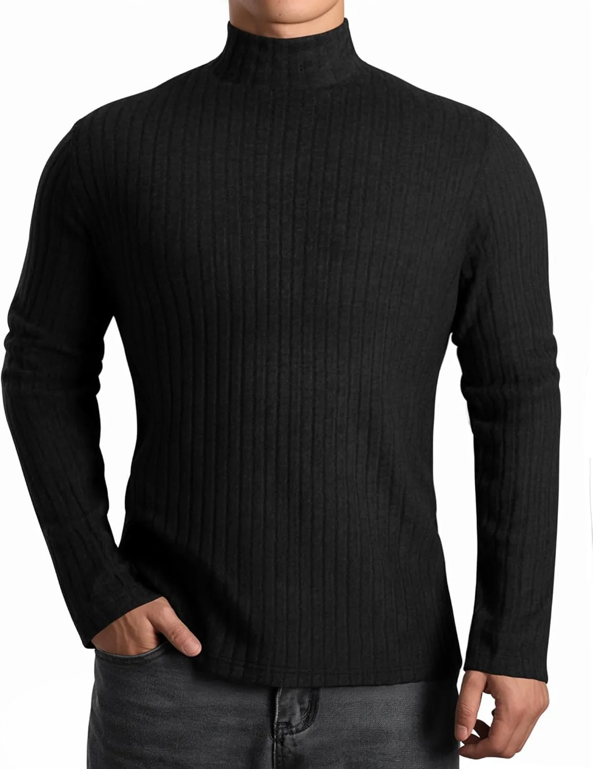 Мужской водолазка с длинным рукавом, теплая повседневная в рубчик, Slim Fit