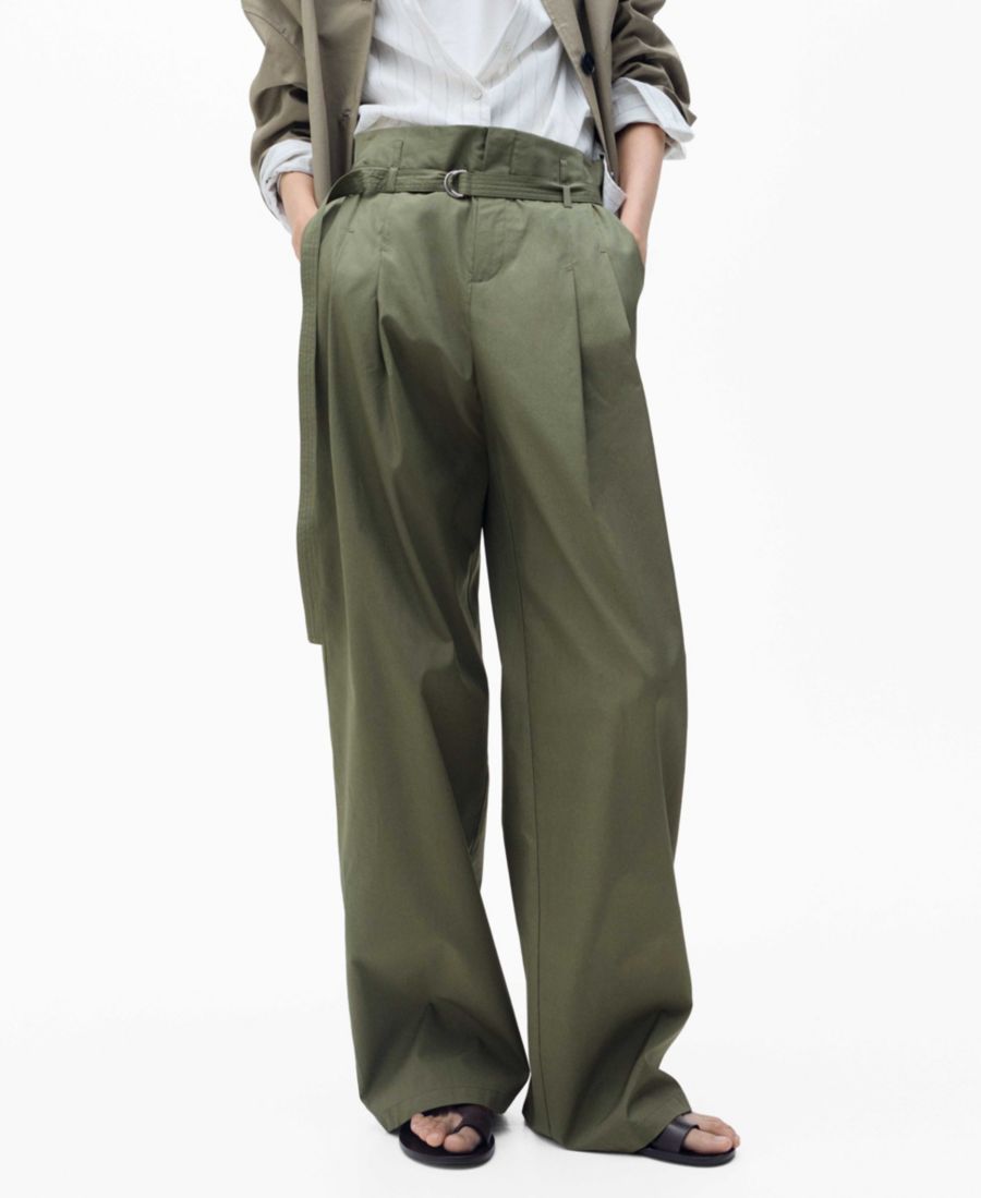 

Женские хлопковые брюки с поясом и широкими штанинами MANGO, Khaki