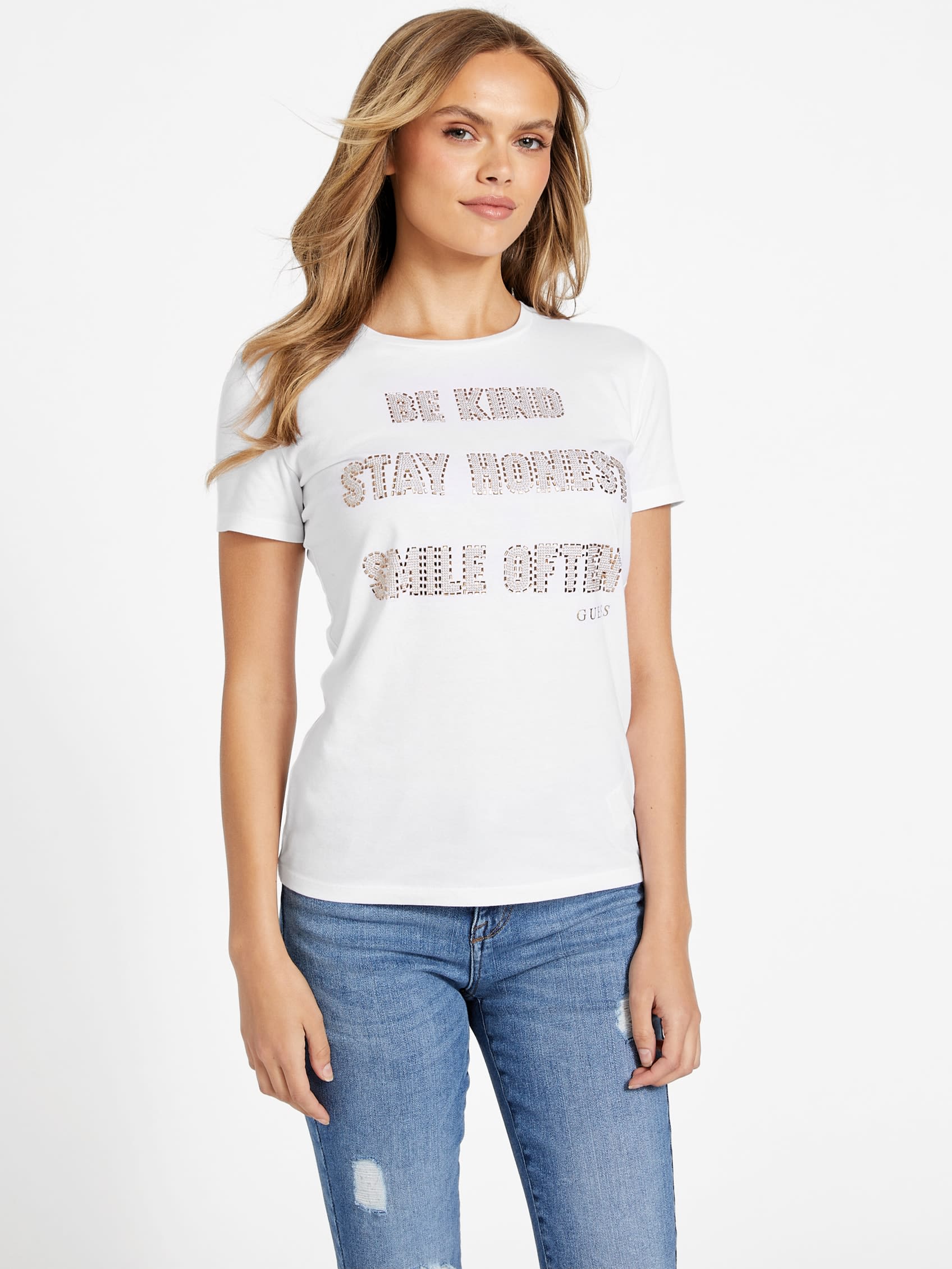 

Футболка со стразами «Будь добр» Guess Factory, цвет pure white