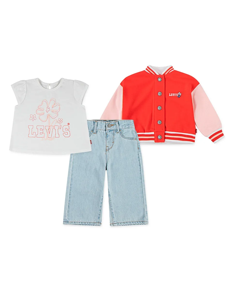 

Комплект из 3 предметов: куртка-бомбер, футболка и широкие брюки Levi's для девочек, красный