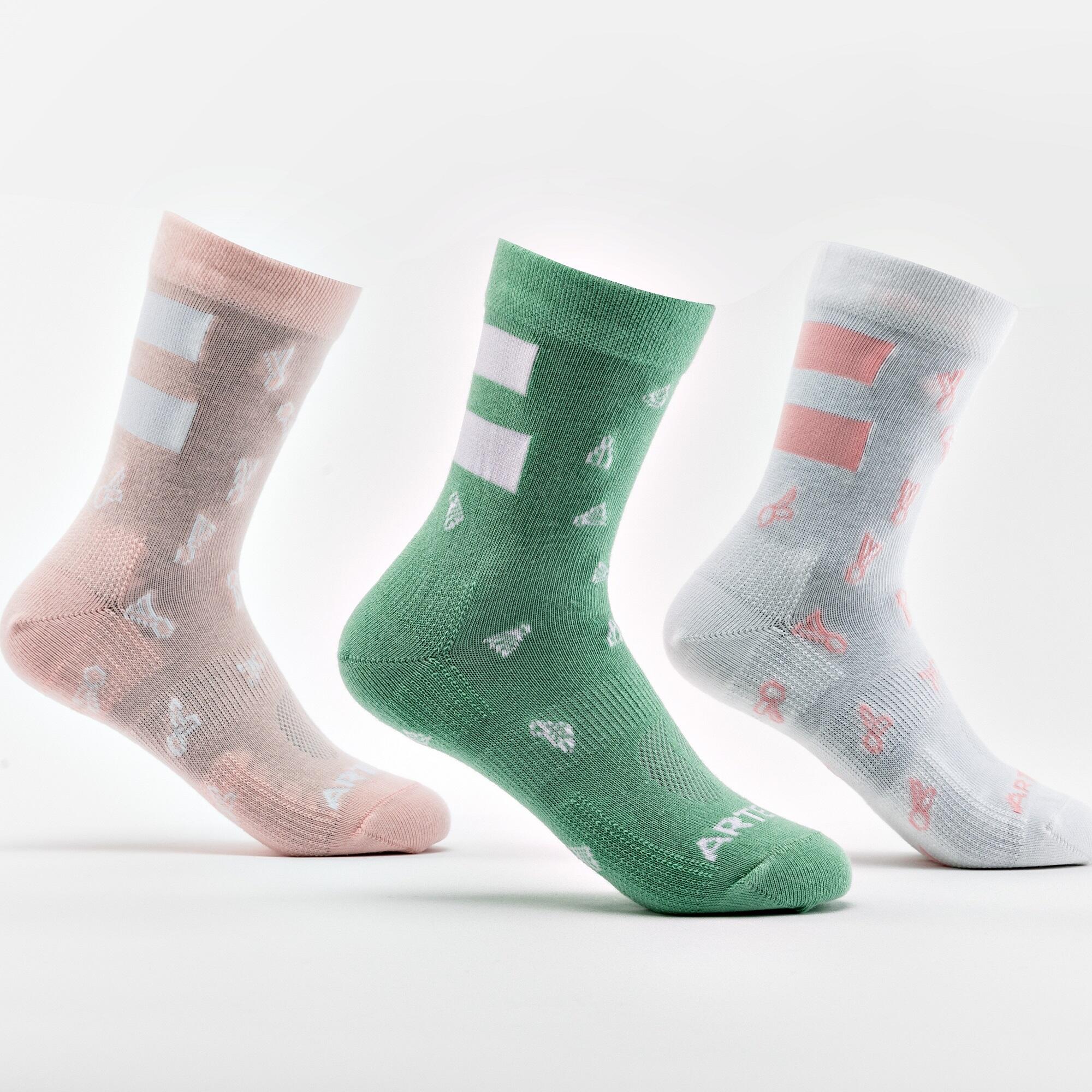 

Детские высокие спортивные носки RS160 три пары — розовый/зелёный/белый Decathlon