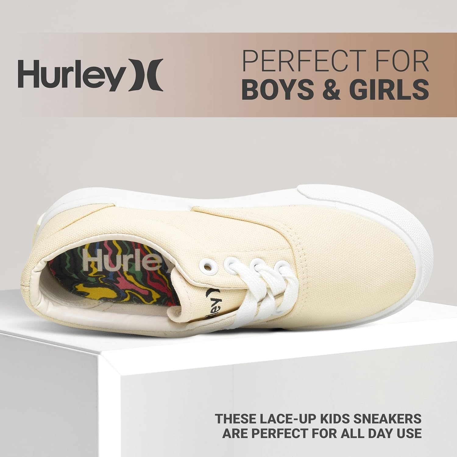 Детские кеды Hurley Marley на шнуровке - низкие кроссовки для скейтбординга для детей, спортивная обувь для мальчиков и девочек, белый/бежевый — фото 3