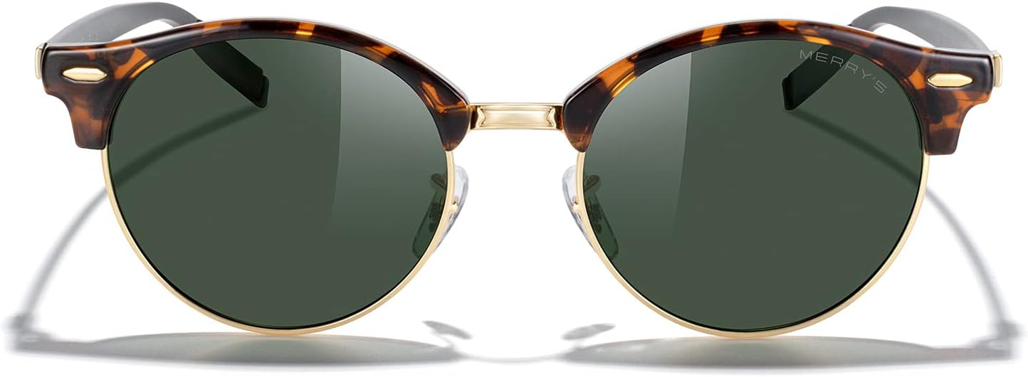 

Круглые поляризованные солнцезащитные очки MERRY для женщин и мужчин, классический ретро-стиль, полуободковая оправа, алюминиевые дужки MERRY'S, Leopard Frame/Gold Bridge/G15 Lens