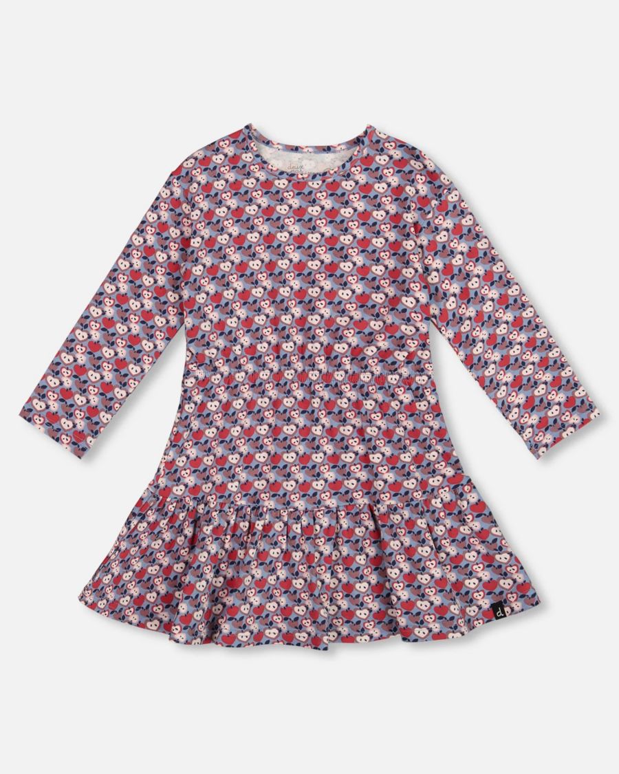 

Хлопковое платье для девочки с оборкой по низу, с принтом синие яблоки - Детское Deux par Deux, Blue apple print