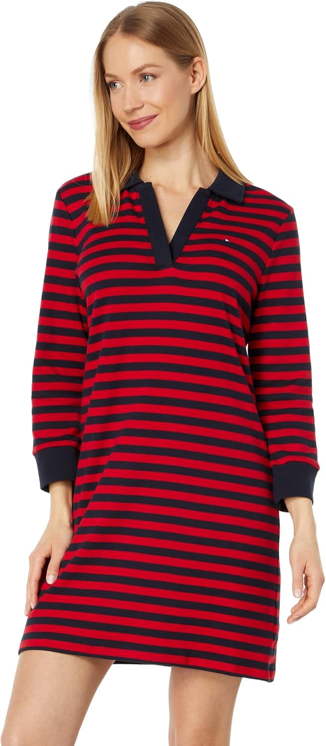

Платье Tommy Hilfiger в полоску с рукавами 3/4 и воротником Johnny Collar, Bi Stripes/Scarlet/Sky Captain