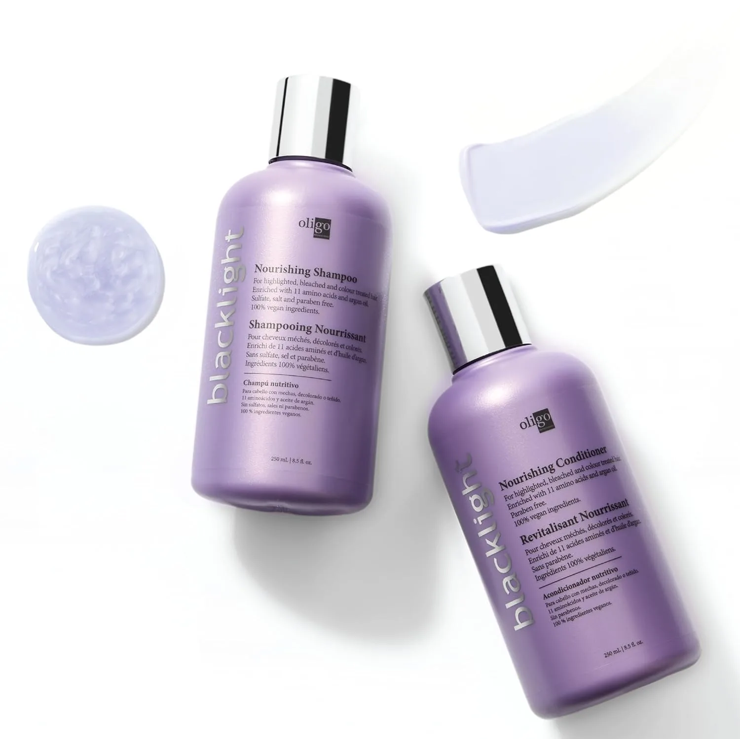 Oligo Professionnel - шампунь и кондиционер Blacklight Nourishing для блонда, без сульфатов, веган, для окрашенных волос, увлажняющая формула с аргановым маслом, набор 2 шт по 250 мл — фото 2