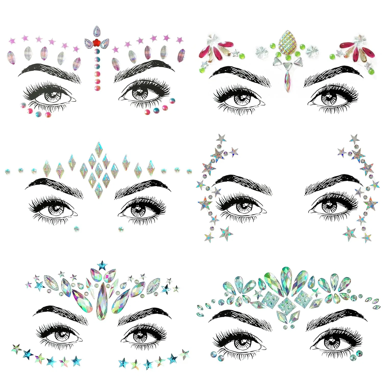 Набор временных татуировок для лица и тела из стразов Shineyes, 6 Pcs No.04