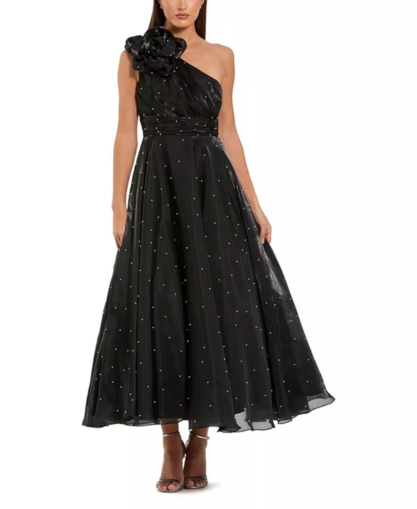 

Платье миди на одно плечо из органзы с жемчужной вышивкой Mac Duggal, черный