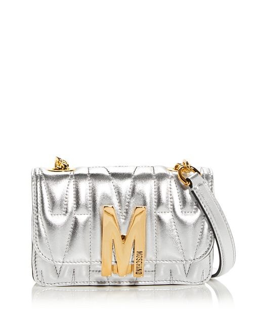 

Стеганая кожаная сумка через плечо Moschino, цвет Silver, Серебристый, Стеганая кожаная сумка через плечо Moschino, цвет Silver