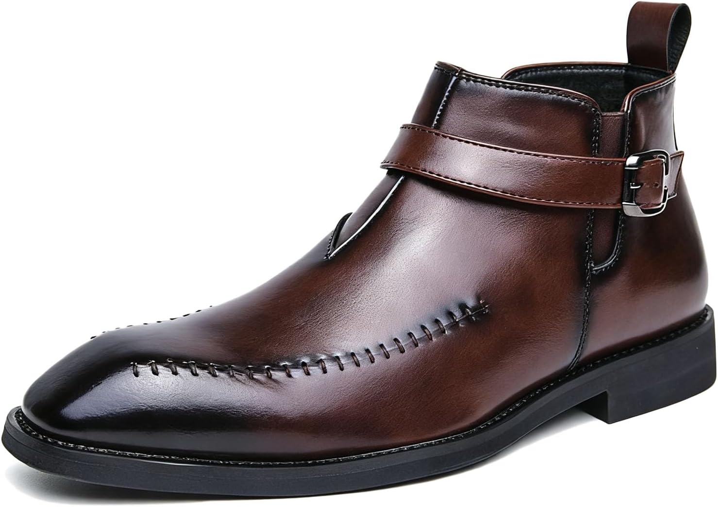 

Мужские кожаные деловые челси с квадратным носком, боковой молнией, модной отделкой пряжкой, удобные, на подскоке, зимние теплые ботинки чукка на щиколотку для повседневной, рабочей и формальной носки Twodnawk, коричневый