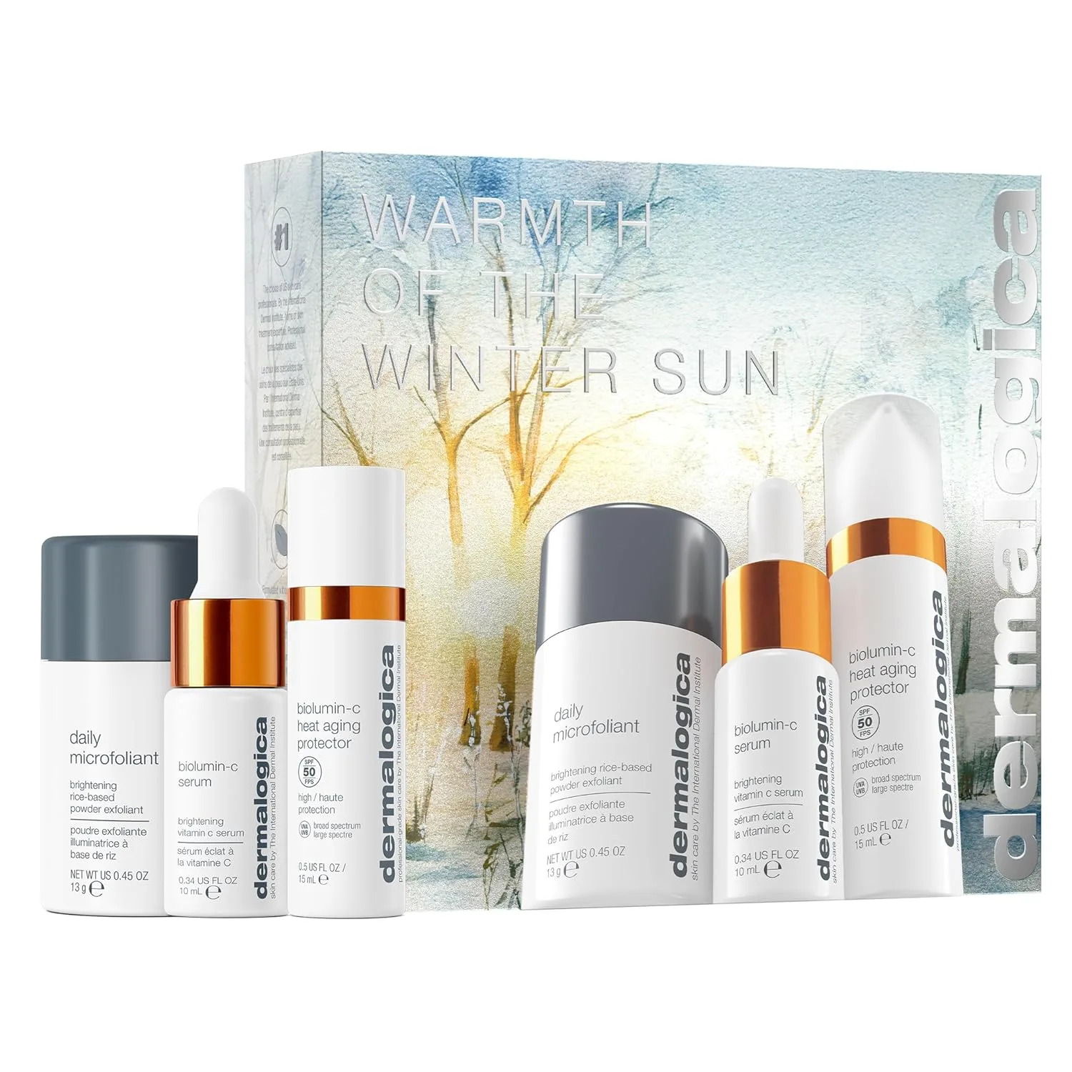 Набор для ухода за кожей Dermalogica Warmth of the Winter Sun в дорожном формате включает в себя скрабы для лица, сыворотку для лица и увлажняющий крем с SPF.