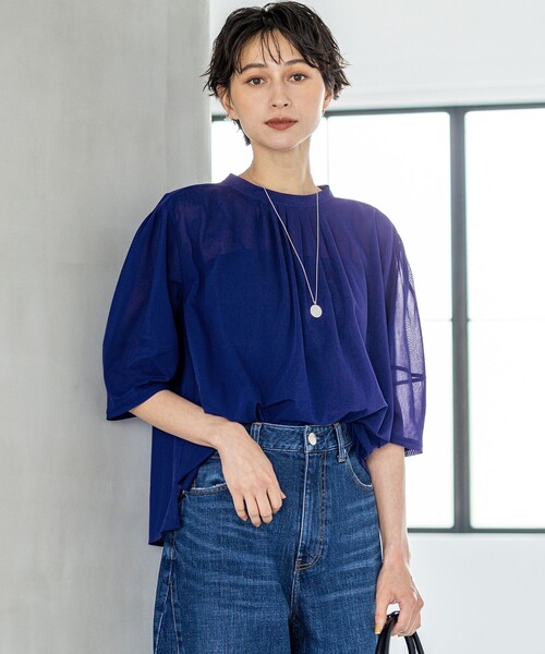 

23区 L Трикотажный топ с присборенной отделкой, 23区, синий