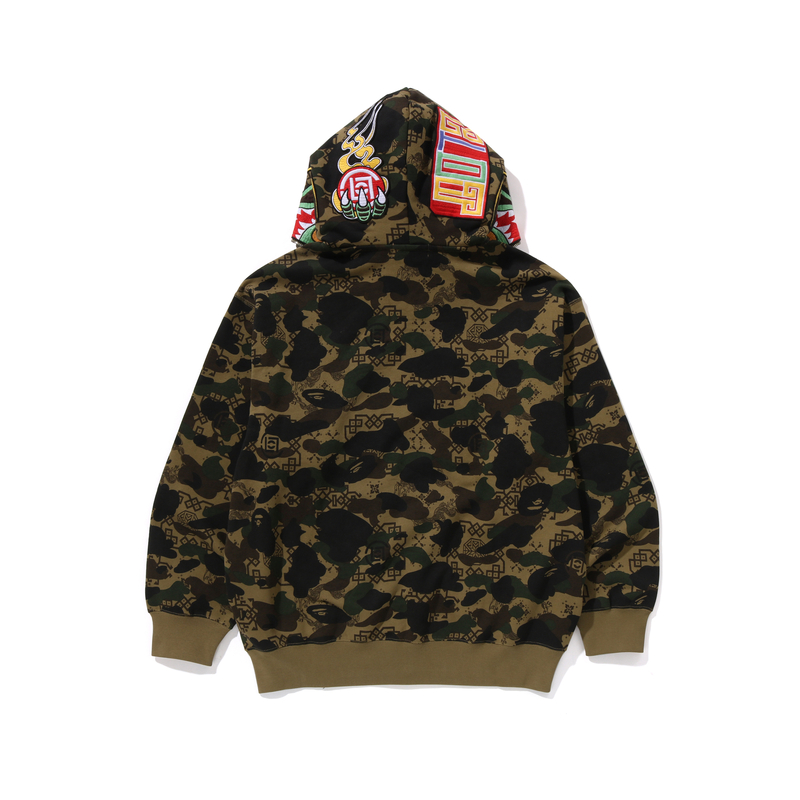 Бейп X Clот камуфляж толстовка с капюшоном акула на молнии A BATHING APE, зеленый — фото 4