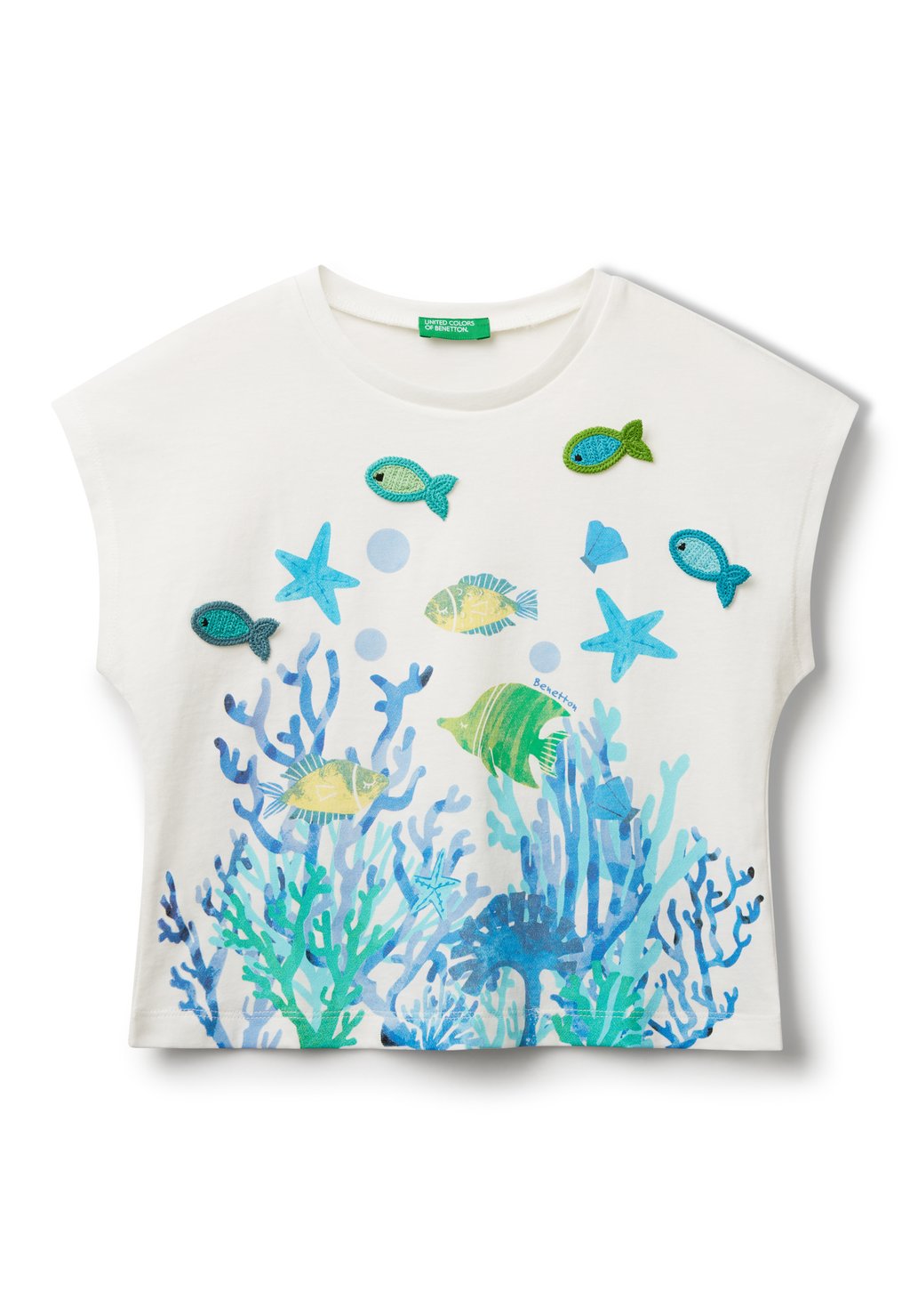 

Футболка с принтом WITH AND CROCHET APPLIQUE United Colors of Benetton, белый